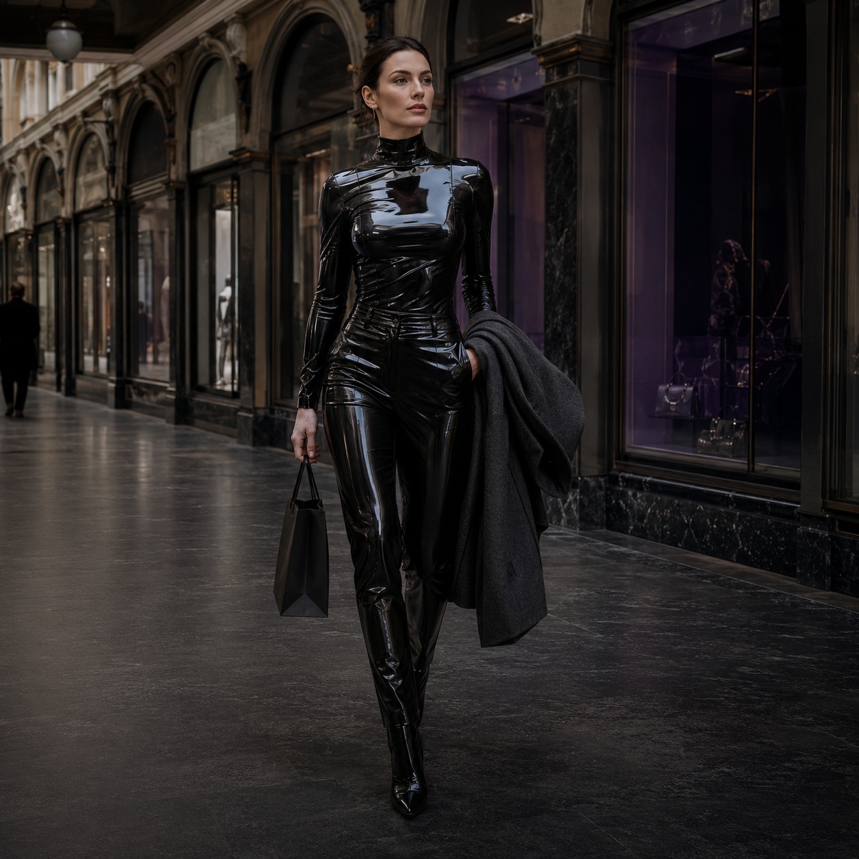 A woman in black latex walking through an upscale shopping arcade.