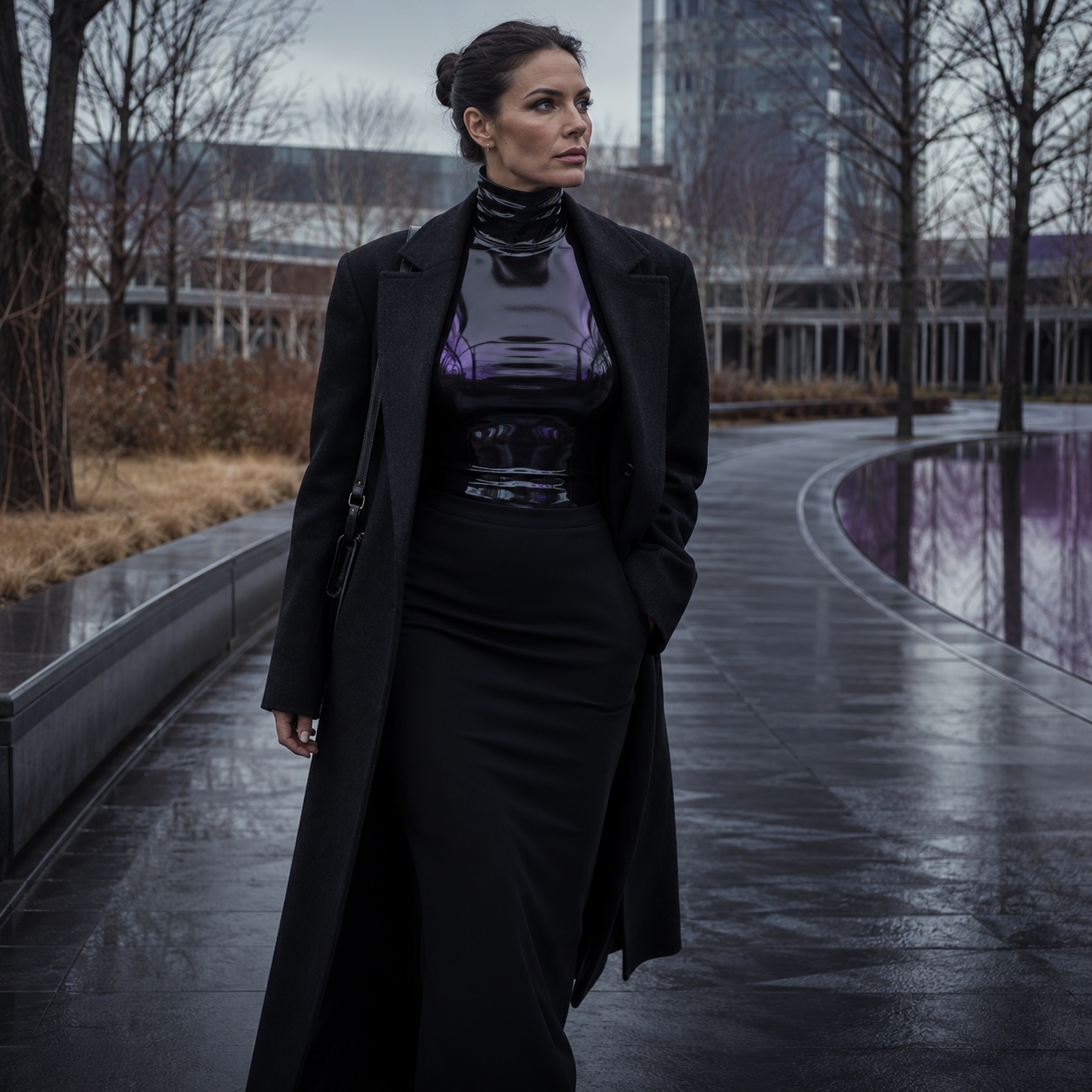 A woman in black latex and a dark coat on a city park path.